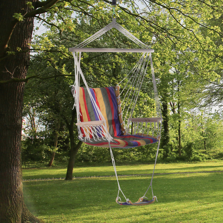 Outsunny Hanging Rope Chair with Soft Padded Seat & Backrest, Portable Garden Hammoc Chair with Wooden Support Bar, Armrests, Cotton Cloth, Footrest, for Patio & Tree, Red