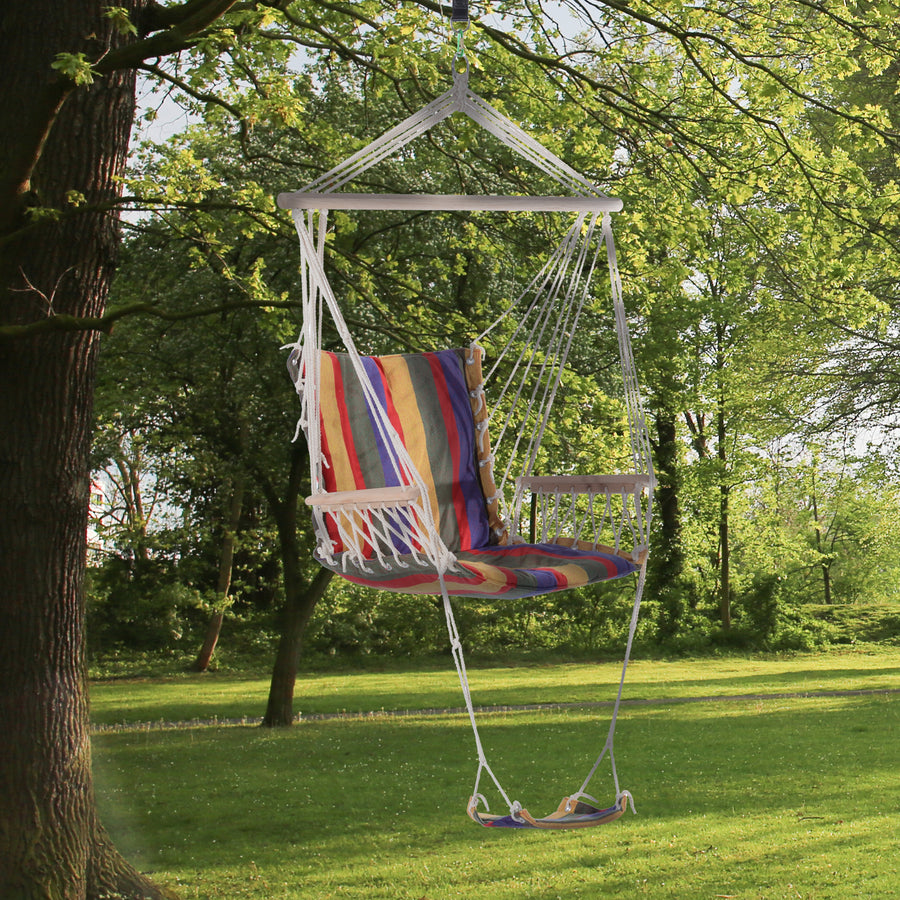 Hanging Rope Chair with Soft Padded Seat & Backrest, Portable Garden Hammoc Chair with Wooden Support Bar, Armrests, Cotton Cloth, Footrest, for Patio & Tree, Red