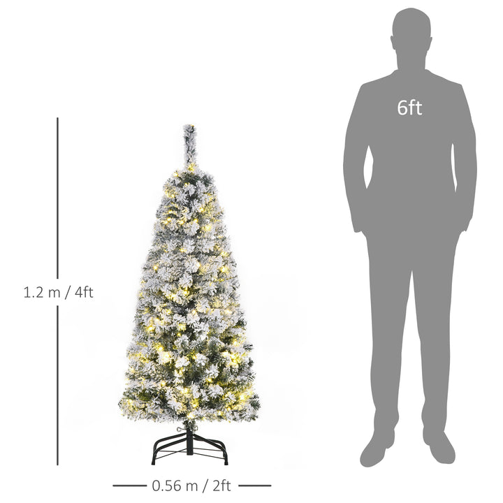 HOMCOM 4ft Prelit Artificial Snow Flocked Christmas Tree with Warm White LED Light, Holiday Home Xmas Decoration, Green White | Aosom UK