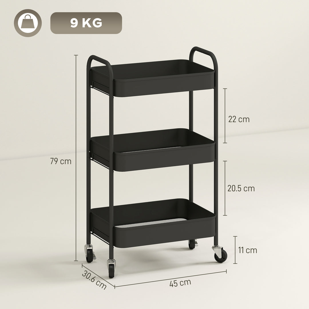 Three-Tier Steel Storage Trolley - Black