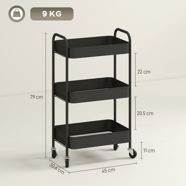 Three-Tier Steel Storage Trolley - Black