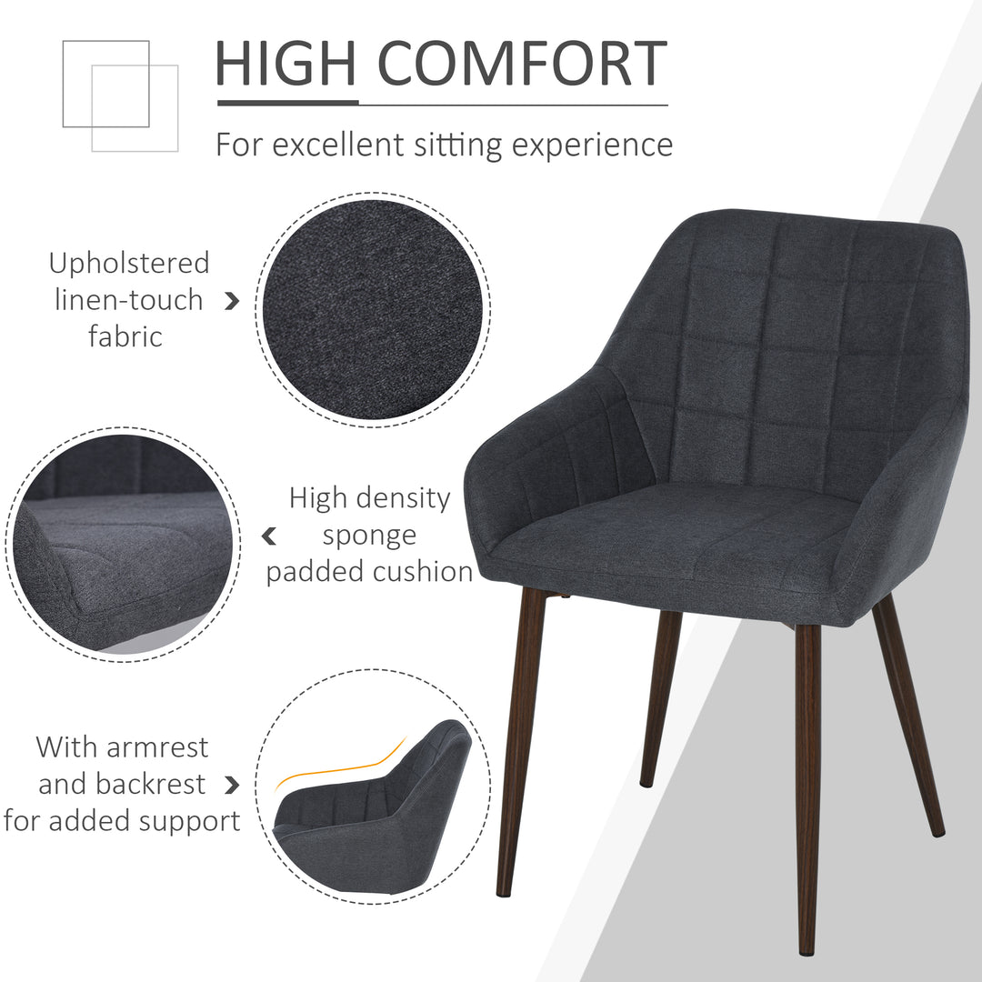 HOMCOM 2 Pcs Linen-Touch Fabric Dining Chair w/ Cushion, Backrest, Mid Back Leisure Chair w/ Steel Leg, Sponge Padded Armchair for Dining Room