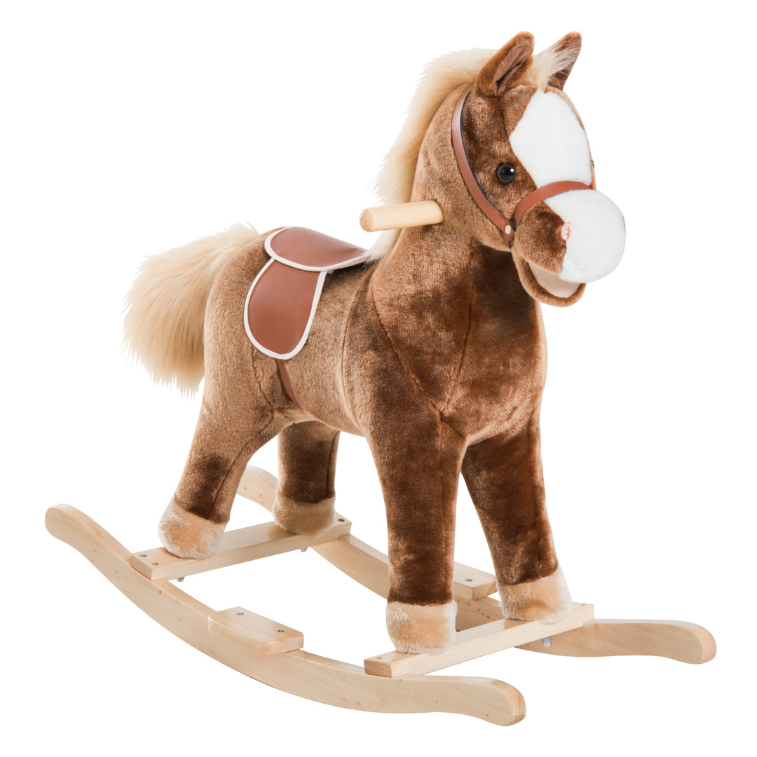 Kids Children Plush Rocking Horse Wooden Base Ride On Toy Rocker with Handle Grip Traditional Toy Fun Gift for Age 3+ (Brown)