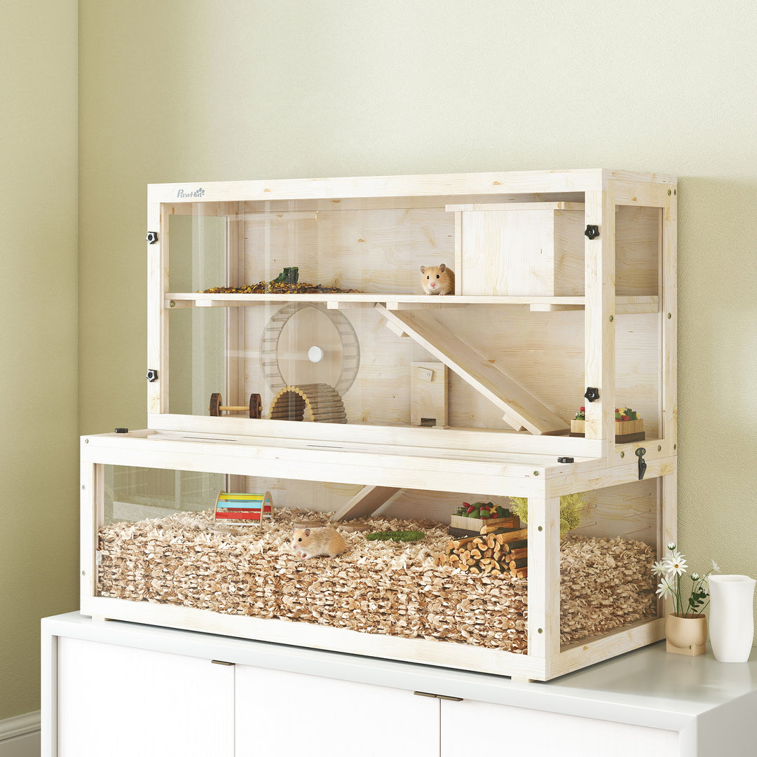 Wooden Hamster Cage with Hut, Wheel, Ramps, Removable Viewing Panels, 