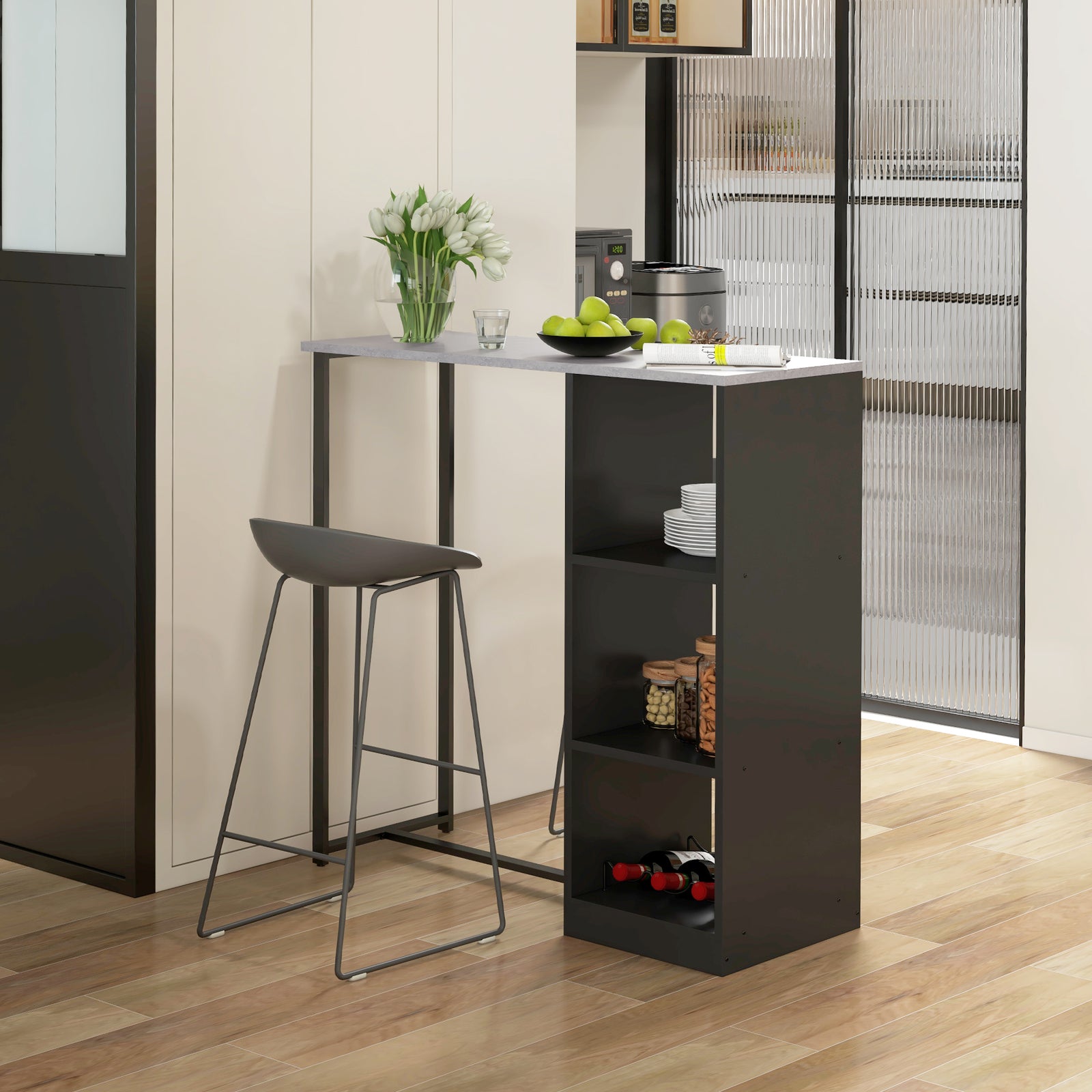 Breakfast Bar Table, Bar Table with 3-Tier Storage Shelf and Wine Rack