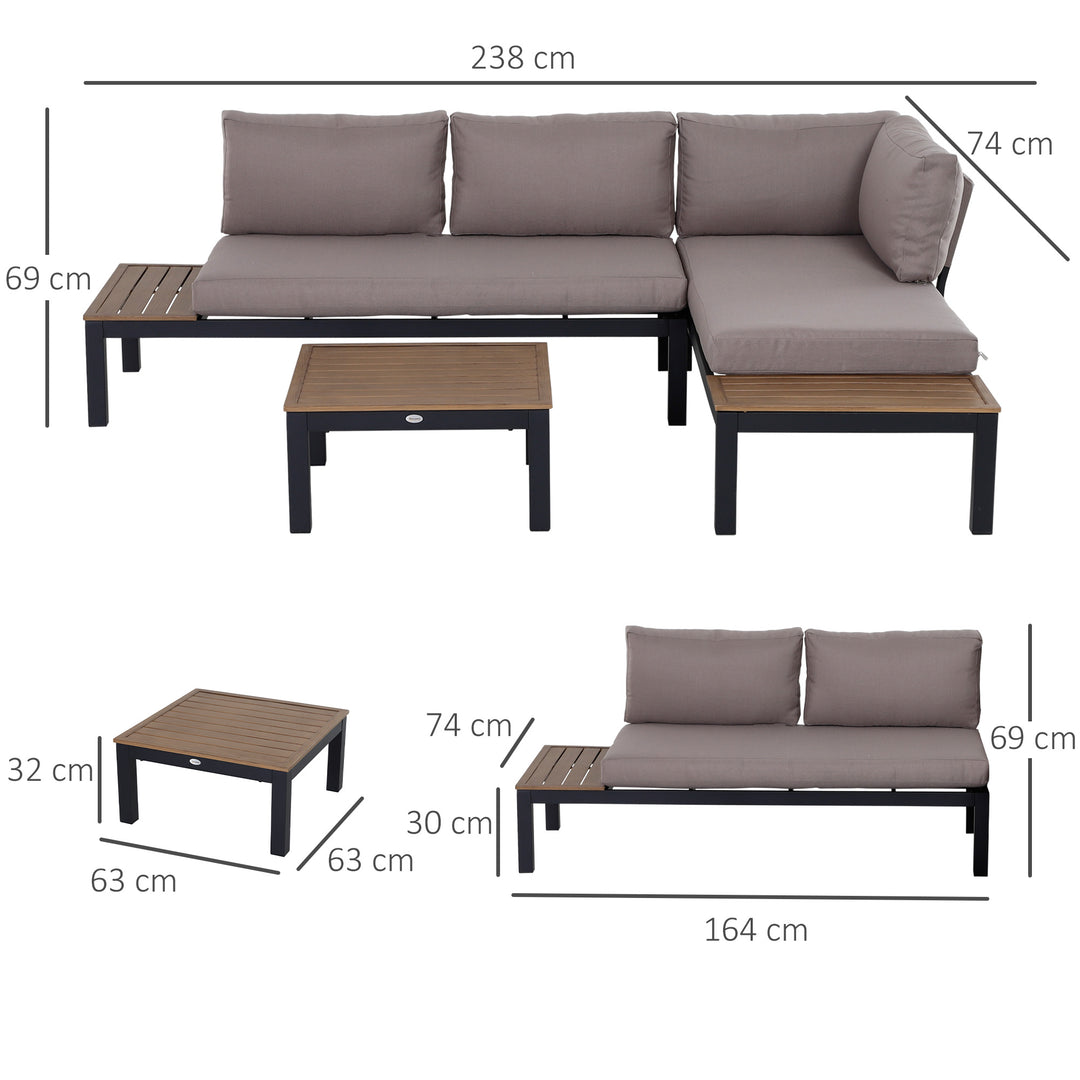 3 Pieces Garden Furniture Set, Aluminium 4 Seater Corner Sofa Set with 2 Loveseats, Coffee Table and Side Trays, Outdoor Conversation Furniture with Cushions for Garden, Black