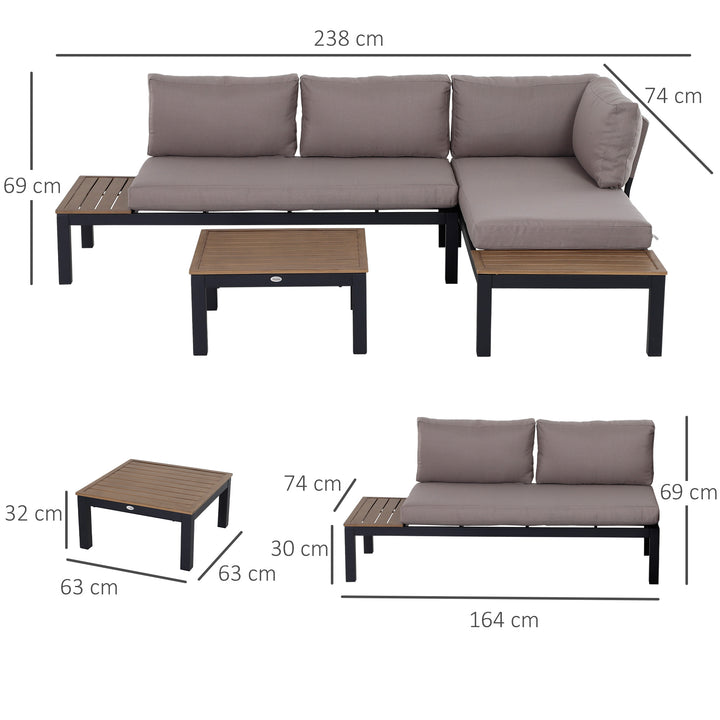 3 Pieces Garden Furniture Set, Aluminium 4 Seater Corner Sofa Set with 2 Loveseats, Coffee Table and Side Trays, Outdoor Conversation Furniture with Cushions for Garden, Black