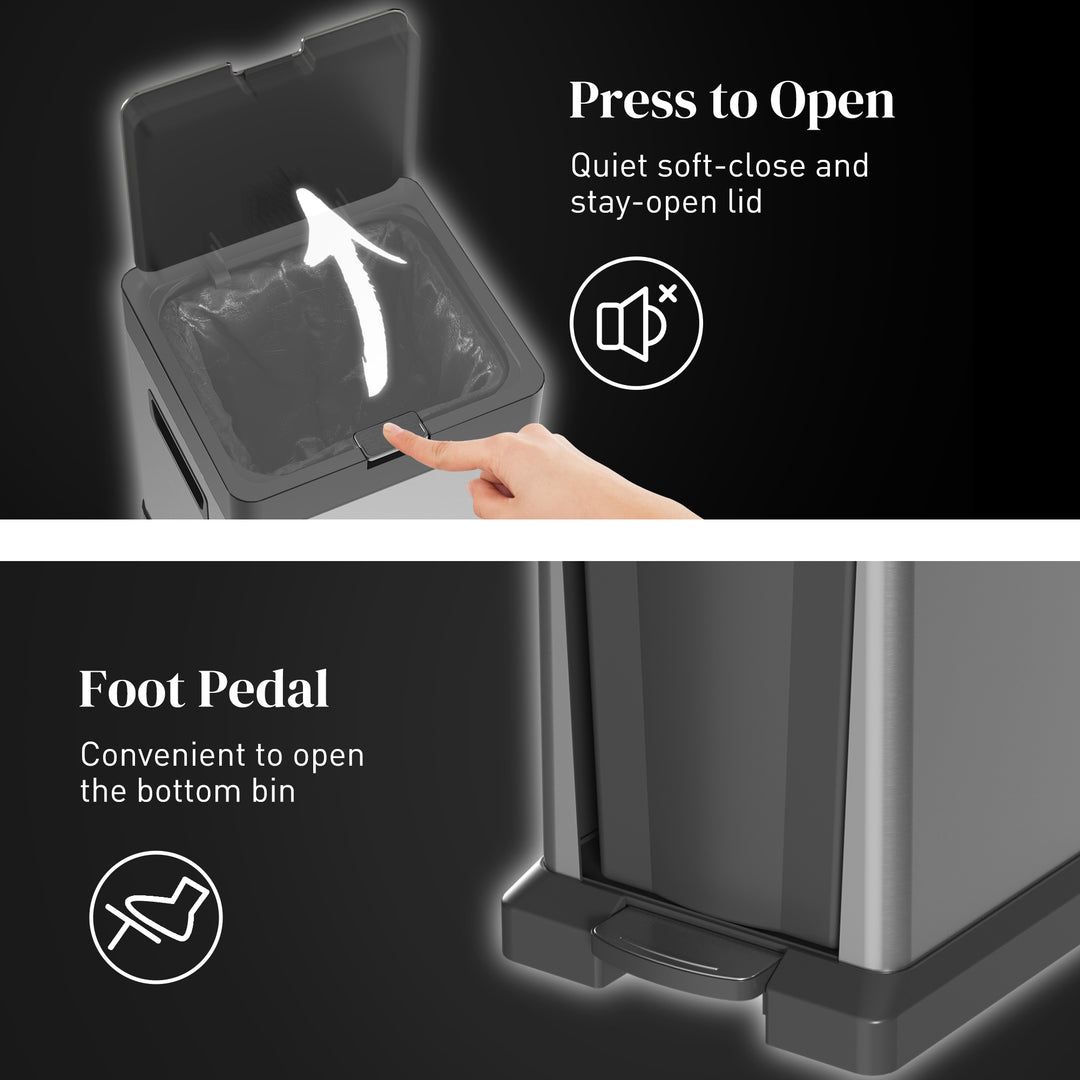 HOMCOM Dual Kitchen Bin, 20+14L Double Bin for Recycling and Waste, Stainless Steel Vertical Pedal Bin w/ Tilt Out Bin, Soft-Close Lid | Aosom UK