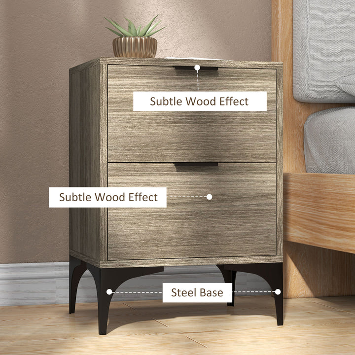 HOMCOM Bedside Tables Set of 2, Modern Nightstand w/ 2 Drawers, Small Sofa End Tables w/ Storage, Steel Legs for Bedroom, Living Room, Grey | Aosom UK