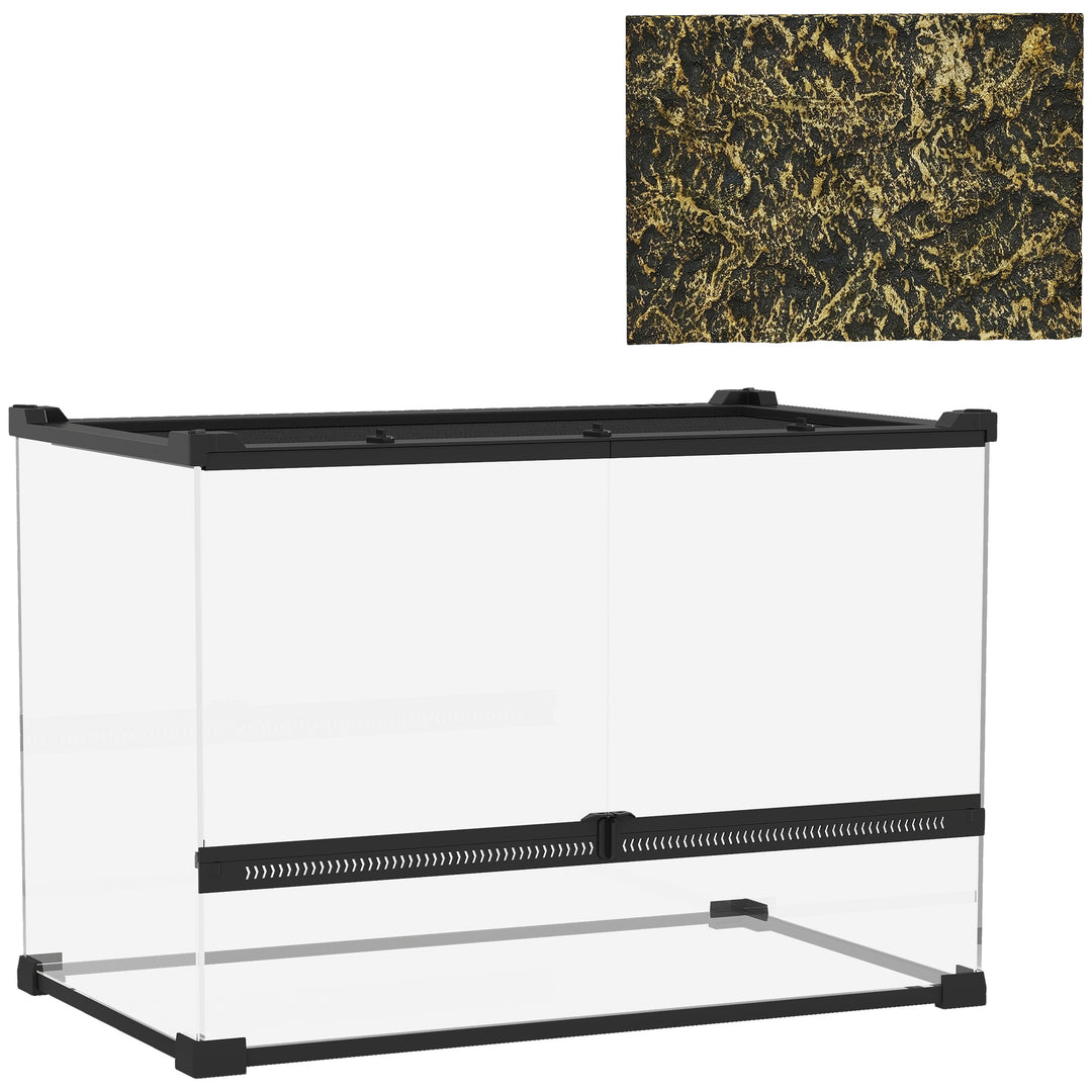 Reptile Glass Terrarium with Stone Background, Front Ventilation, Escape-Proof Knob Lock, 50 x 30 x 35 cm, Black