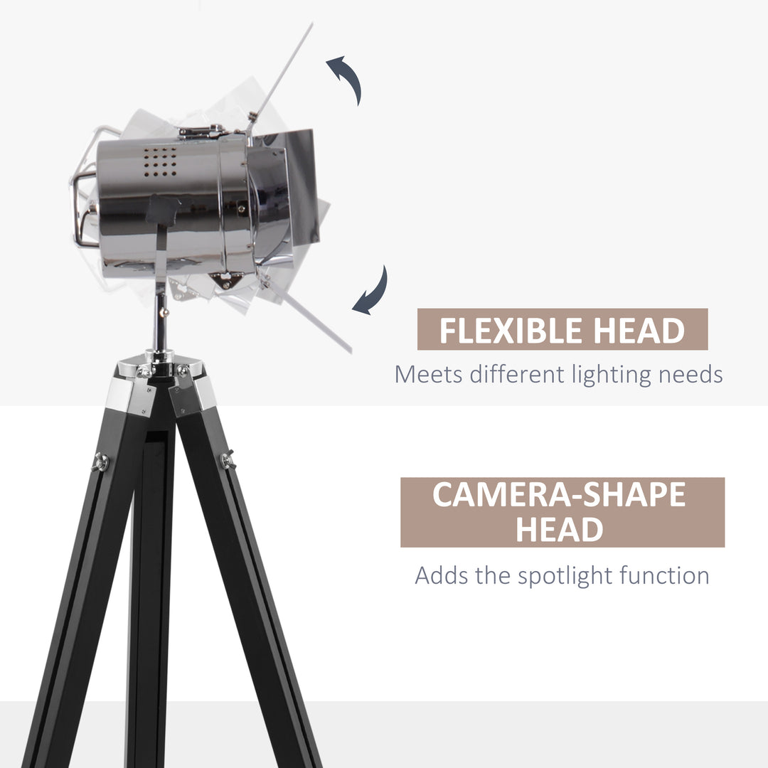 Industrial Tripod Floor Lamp, Nautical Cinema Standing Spotlight with Wood Legs and Adjustable Height for Living Room, Bedroom, Black and Silver