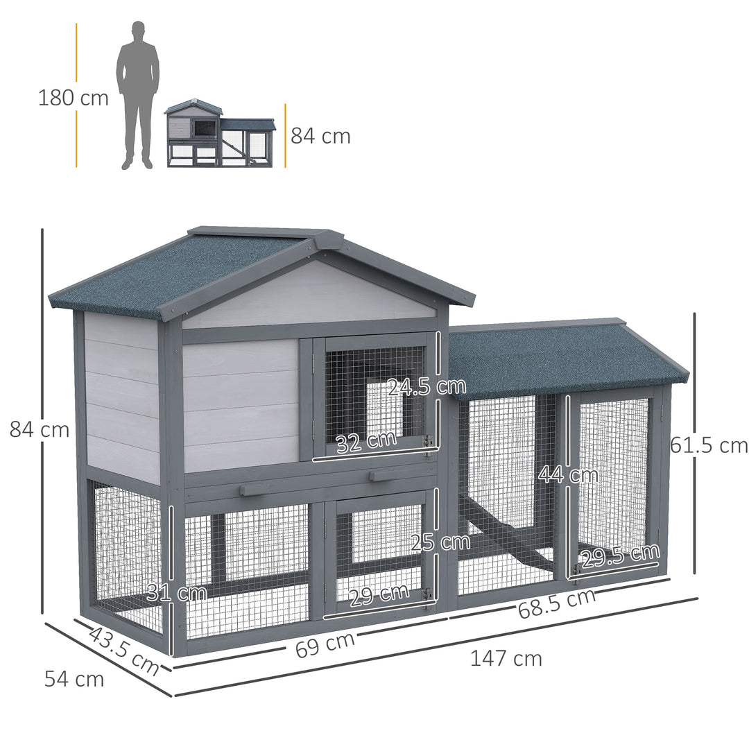 Wooden Rabbit Hutch Outdoor, Double Tier with Water-Resistant Roof, Ramp 147 x 54 x 84 cm, Grey