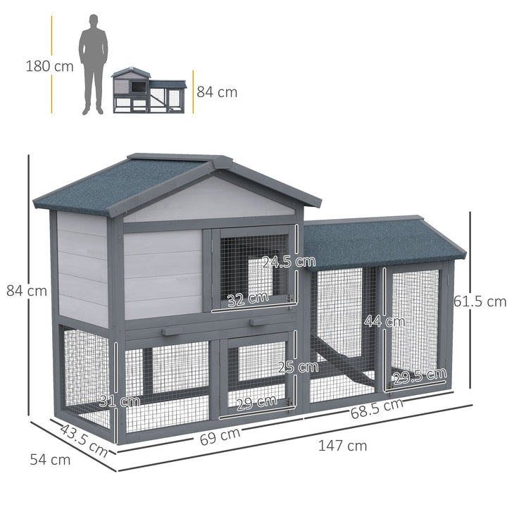 Wooden Rabbit Hutch Outdoor, Double Tier with Water-Resistant Roof, Ramp 147 x 54 x 84 cm, Grey