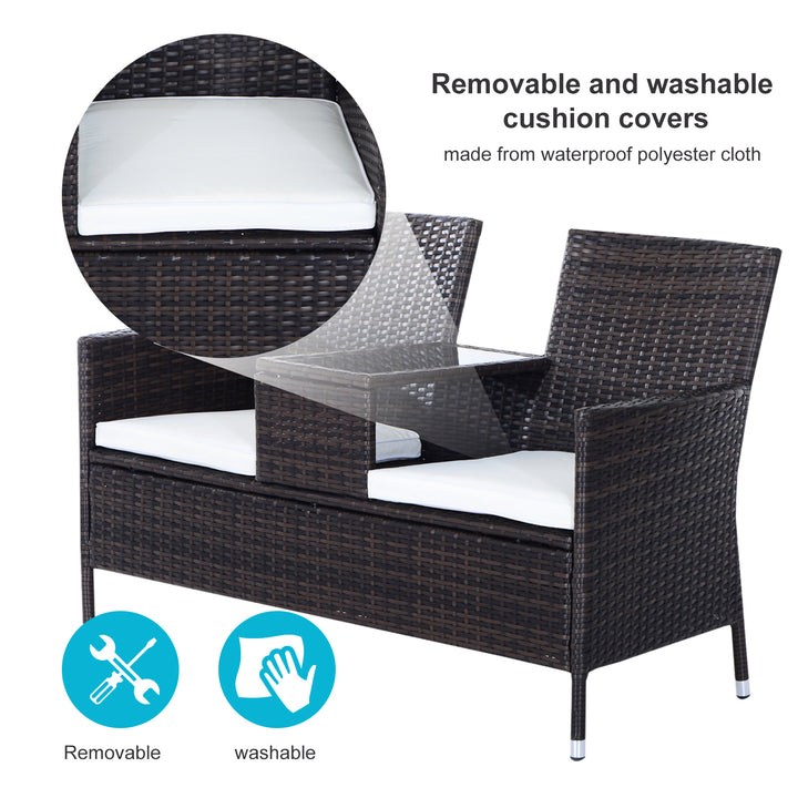 2-Seater Rattan Chair Furniture Set W/ Middle Tea Table-Brown