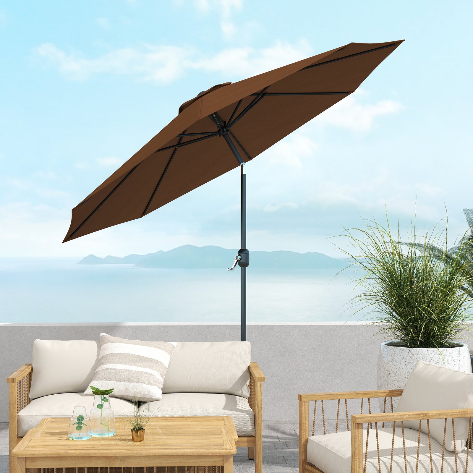 3(m) Tilting Parasol Garden Umbrellas, Outdoor Sun Shade with 8 Ribs, Tilt and Crank Handle for Balcony, Bench, Garden, Coffee