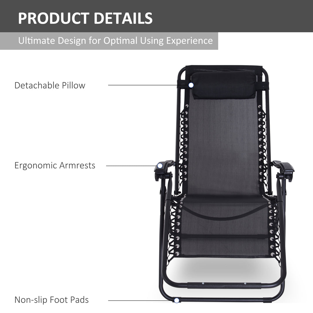 Zero Gravity Chair Metal Frame Texteline Armchair Outdoor Folding and Reclining Sun Lounger with Head Pillow for Patio Decking Gardens Camping, Black