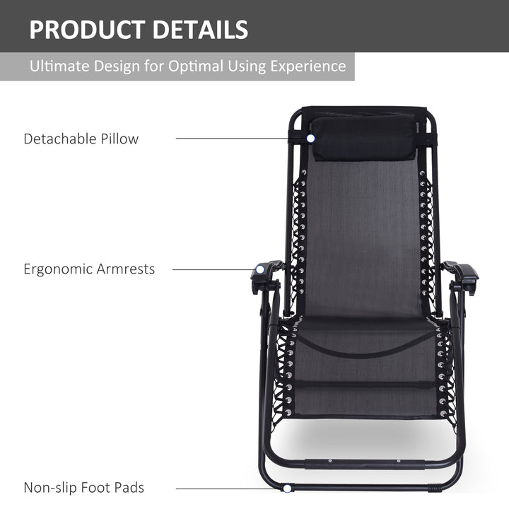 Zero Gravity Chair Metal Frame Texteline Armchair Outdoor Folding and Reclining Sun Lounger with Head Pillow for Patio Decking Gardens Camping, Black