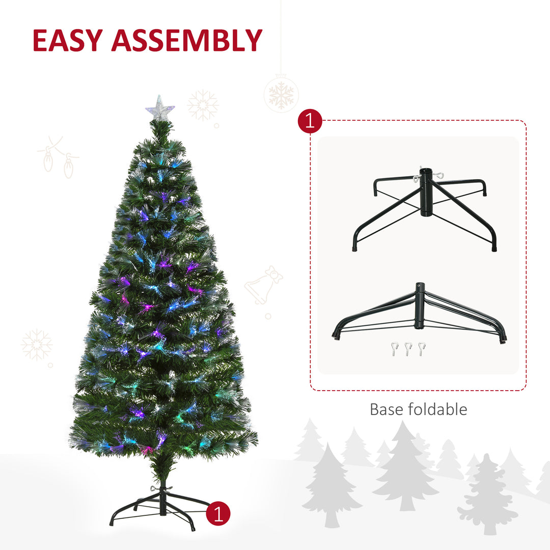 5FT Multicoloured Artificial Christmas Tree w/ Fibre Optic Lights Pre-Lit Modes Metal Stand Star Holder Home Seasonal Decoration