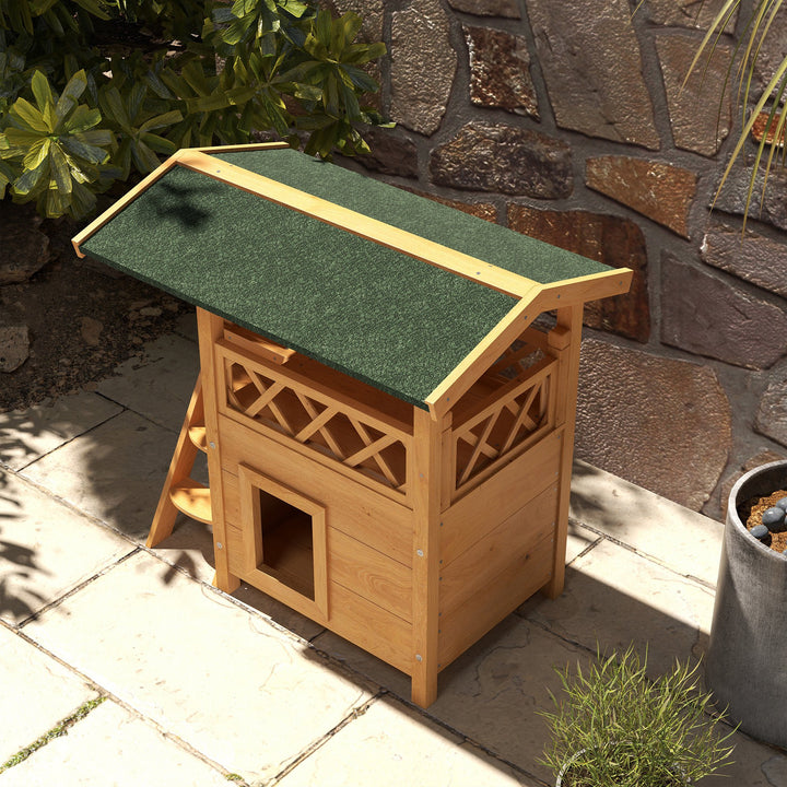 Cat House Outdoor w/ Balcony Stairs Roof, 77 x 50 x 73 cm, Natural Wood Finish