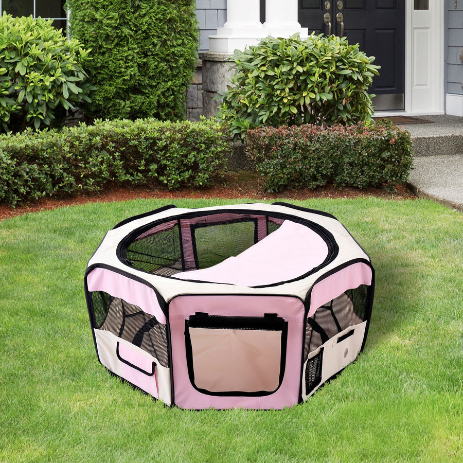 Portable Cat Dog Playpen Pet Puppy Rabbit Guinea Pig Pen Run Dia 90 x 41H cm Indoor & Outdoor Pink