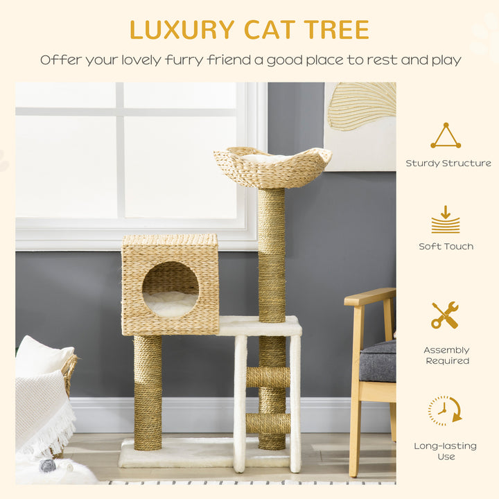 PawHut Cat Tree Tower, Indoor Activity Centre with Scratching Posts, House, Bed, Ladder, and Washable Cushions, Natural Finish