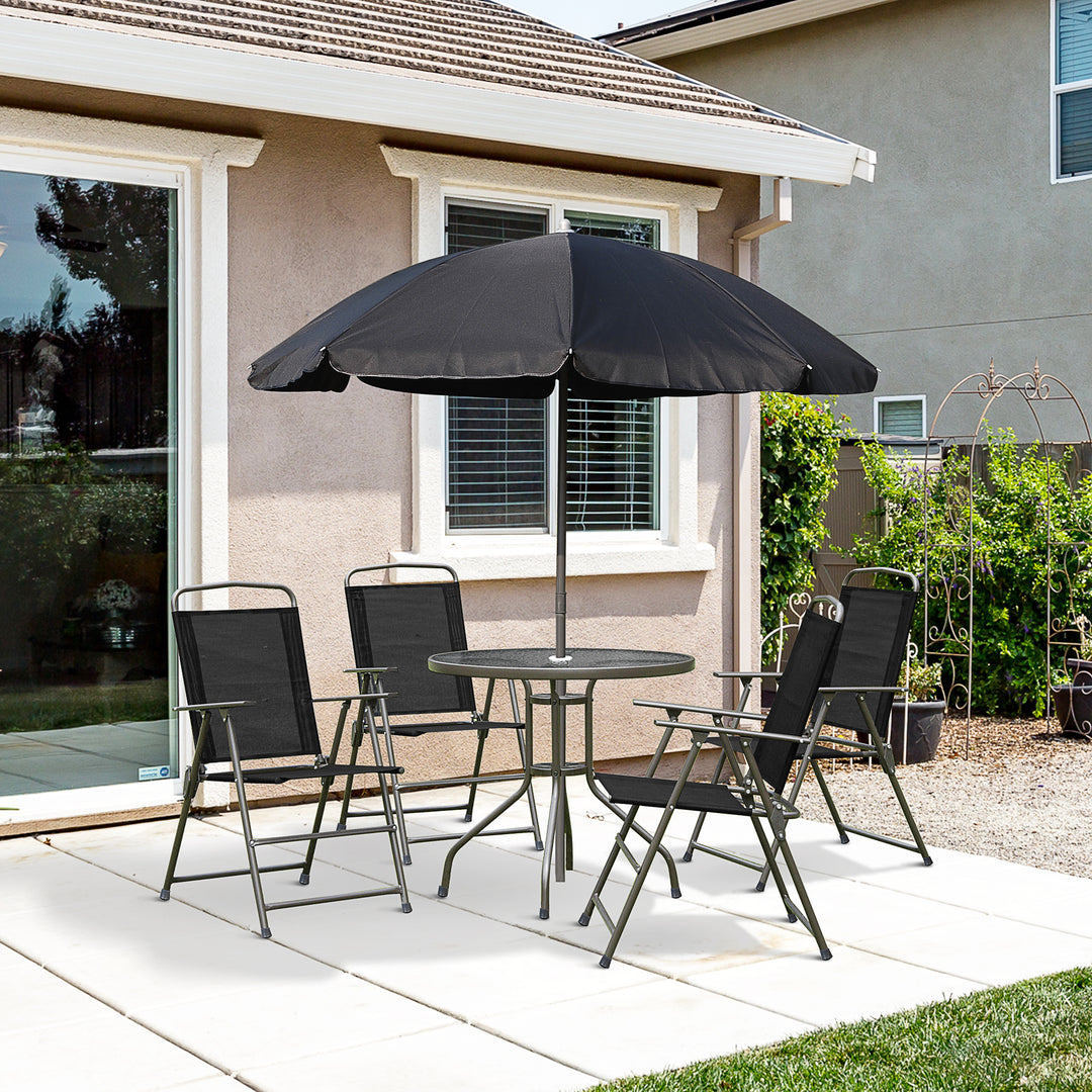 MCL 6 Piece Garden Dining Set with Umbrella, Patio Sets with Parasol with 4 Folding Dining Chairs & Round Tempered Glass Table, Black