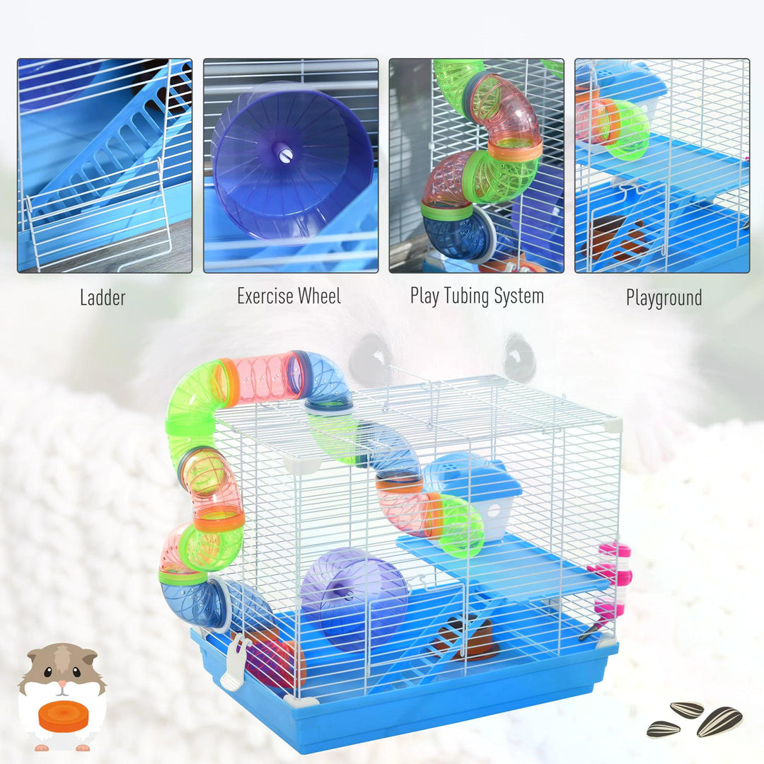 Pawhut 2 Tier Hamster Cage Carrier Habitat Small Animal House with Exercise Wheels Tunnel Tube Water Bottle Dishes for Dwarf Mice, Blue | Aosom UK