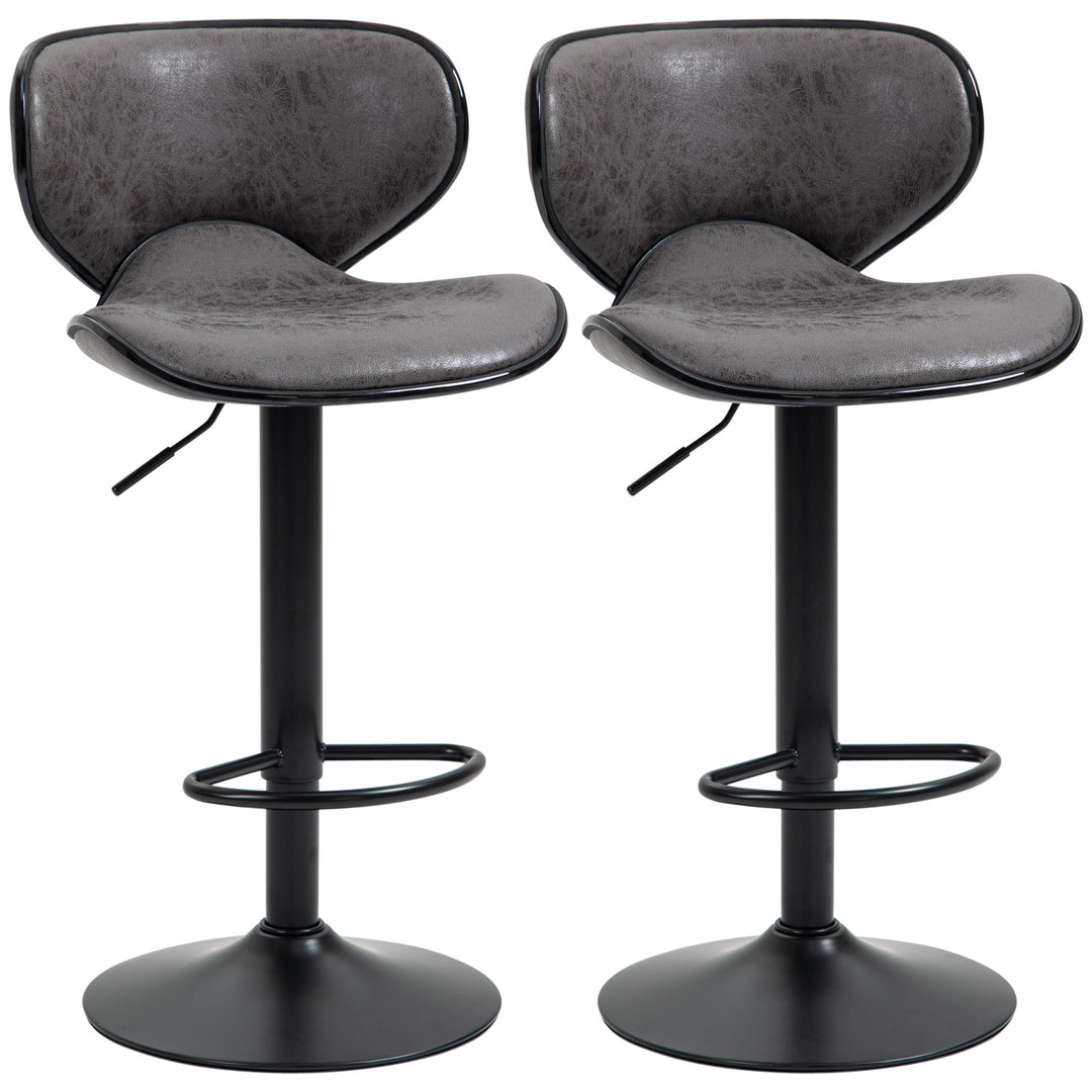 Adjustable Bar Stools Set of 2, Swivel Leathaire Upholstered Barstools with Large Seat, Breakfast Bar Chairs with Back, Footrest and Steel Base, Dark Grey