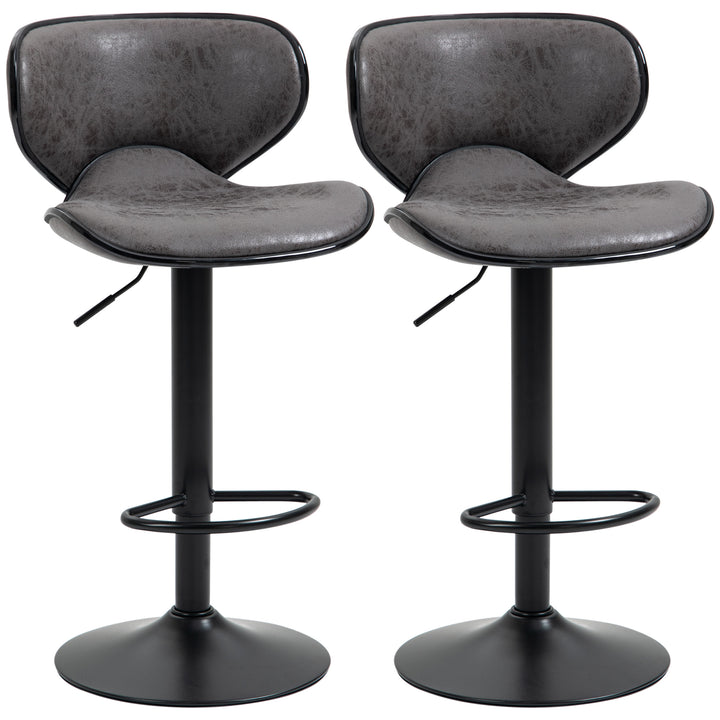 Adjustable Bar Stools Set of 2, Swivel Leathaire Upholstered Barstools with Large Seat, Breakfast Bar Chairs with Back, Footrest and Steel Base, Dark Grey