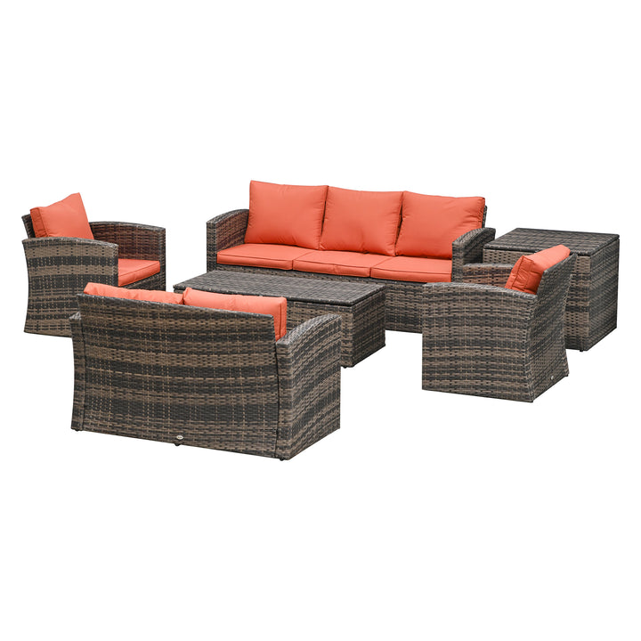 Outsunny 7-Seater Outdoor Rattan Wicker Sofa Set Sectional Patio Conversation Furniture Set w/ Storage Table & Cushion Mixed Brown | Aosom UK