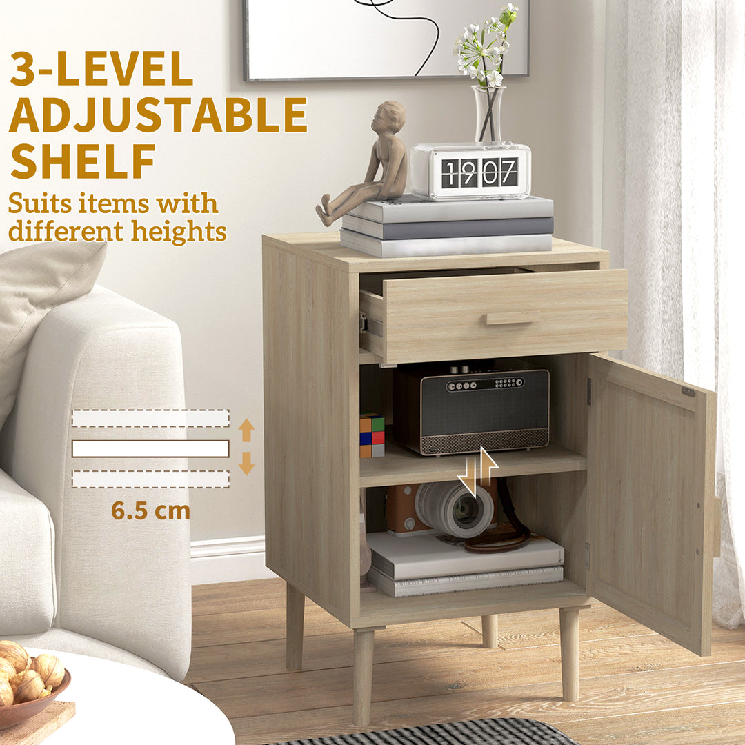 Bedside Table Set of 2, Rattan Side Tables with Drawer, Cabinet and Adjustable Shelf, Boho Bedside Cabinet with Storage for Bedroom, Living Room, Natural Wood Effect