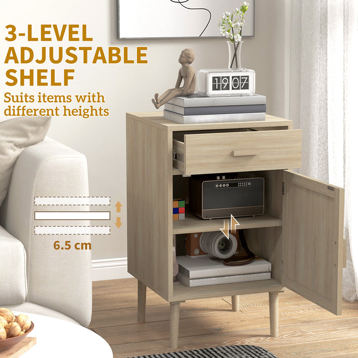 Bedside Table Set of 2, Rattan Side Tables with Drawer, Cabinet and Adjustable Shelf, Boho Bedside Cabinet with Storage for Bedroom, Living Room, Natural Wood Effect
