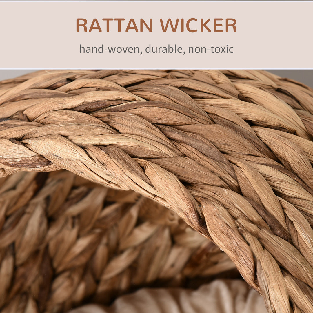 Wicker Cat Bed, Raised Rattan Cat Basket with Cylindrical Base, Soft Washable Cushion, 50 x 42 x 60 cm - Brown