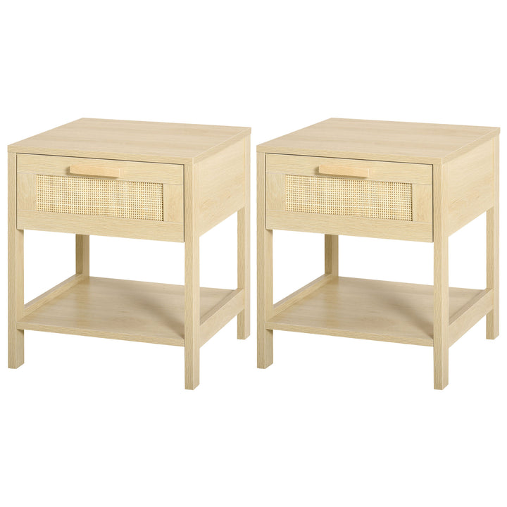 HOMCOM Bedside Nightstand Set of 2, with Rattan Drawer and Storage Shelf, for Bedroom, Living Room | Aosom UK