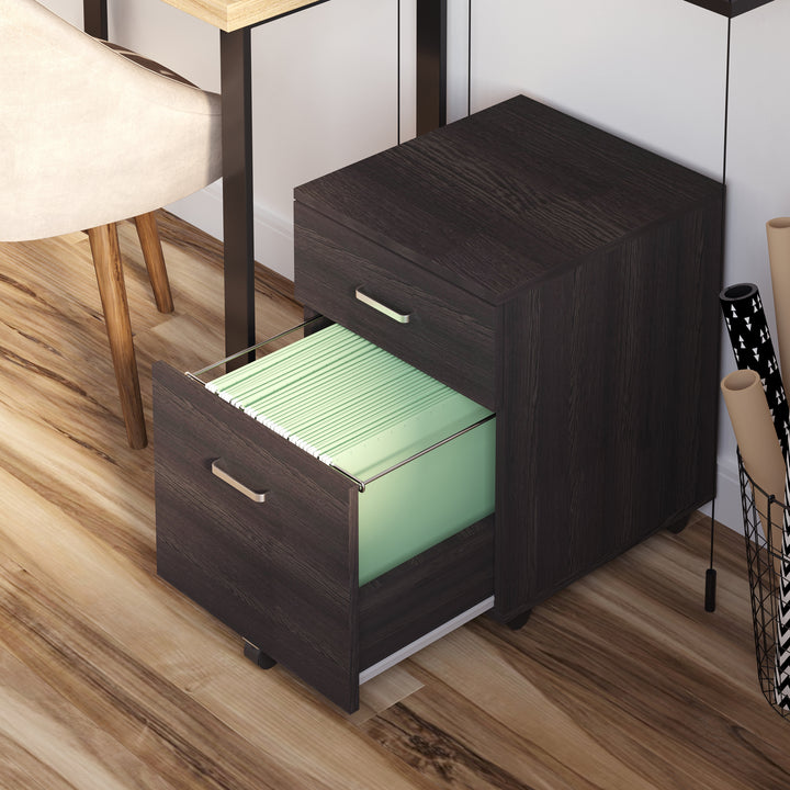 2-Drawer Locking Office Filing Cabinet w/ 5 Wheels Rolling Storage Hanging A4 Cupboard Home Organisation Black Wood Grain