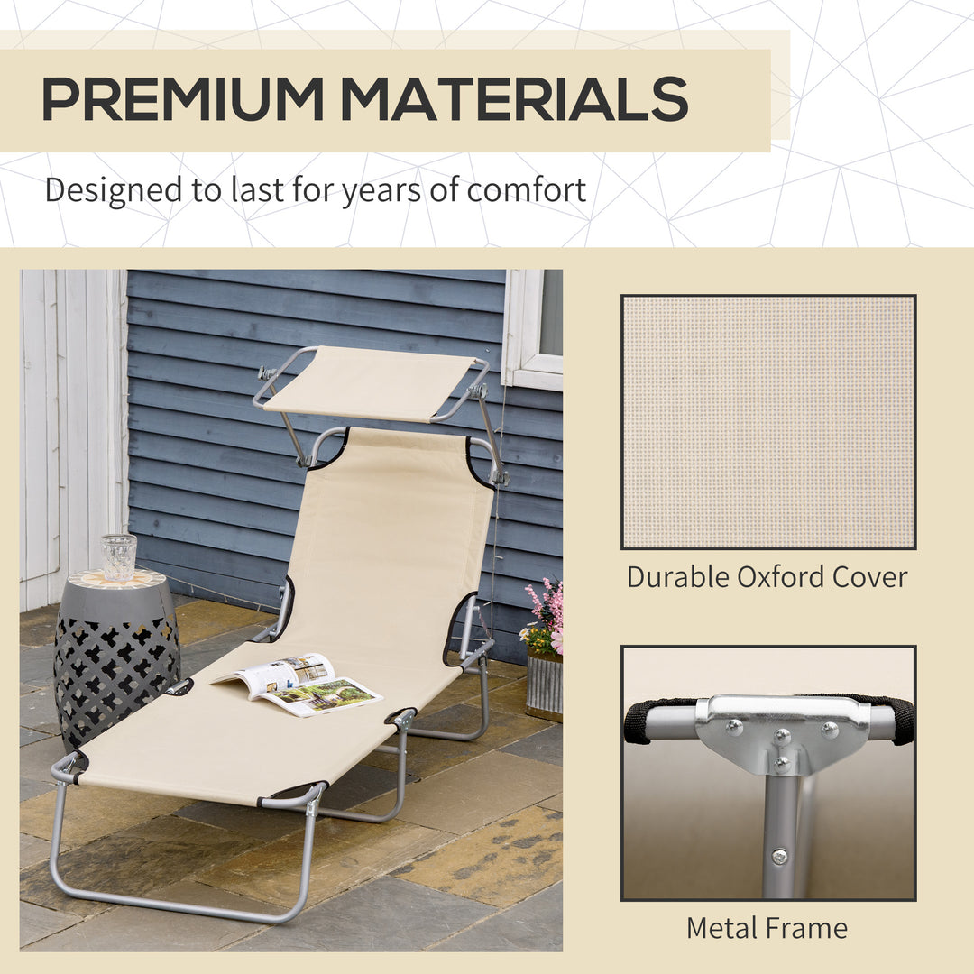 Outdoor Foldable Sun Lounger, 4 Level Adjustable Backrest Reclining Sun Lounger Chair with Angle Adjust Sun Shade Awning for Beach, Garden, Patio, Beige