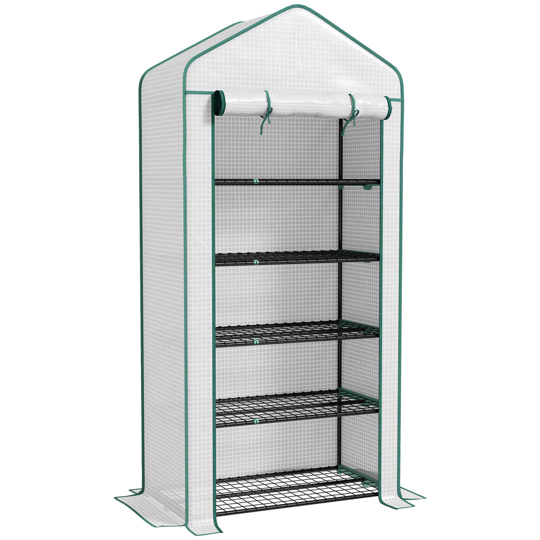 5 Tier Widened Mini Greenhouse with Reinforced PE Cover, Portable Indoor Outdoor Green House with Roll-up Door and Wire Shelves, 193H x 90W x 49Dcm, White
