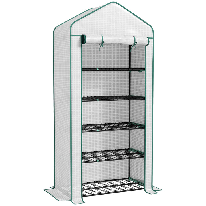 5 Tier Widened Mini Greenhouse with Reinforced PE Cover, Portable Indoor Outdoor Green House with Roll-up Door and Wire Shelves, 193H x 90W x 49Dcm, White