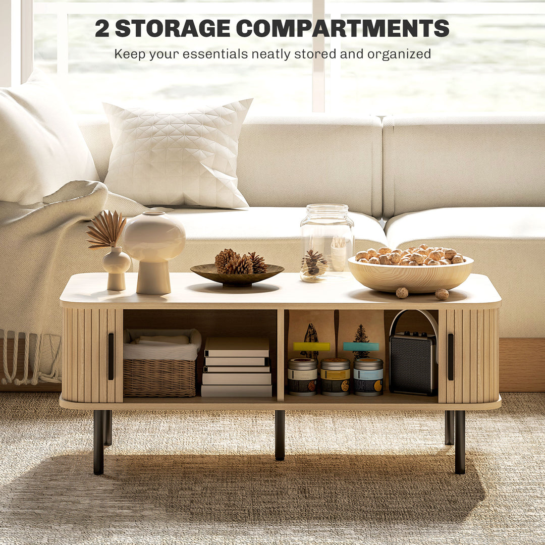 Coffee Table with Storage, Living Room Table with Slatted Tambour Sliding Doors and Foot Pads, Rectangular Coffee Table with Elevated Base for Living Room, Oak