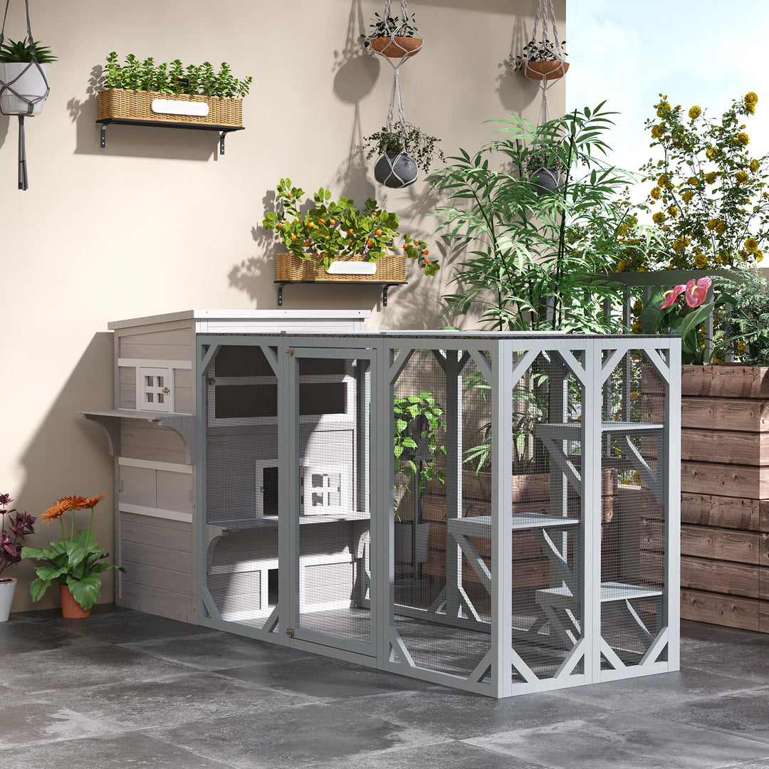 Three-Tier wooden Kitten Shelter, Outdoor Cat House, with Jumping Platforms, Asphalt Roof, Doors - Grey