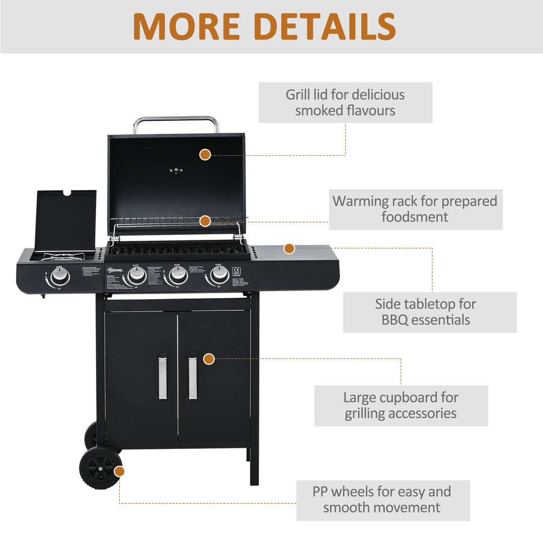 3+1 Burner Gas BBQ Grill, Outdoor Barbecue Trolley with Wheels, Warming Rack, Side Shelves, Cabinet, Thermometer for Garden, Party, Camping, 110L x 50W x 100Hcm, Black