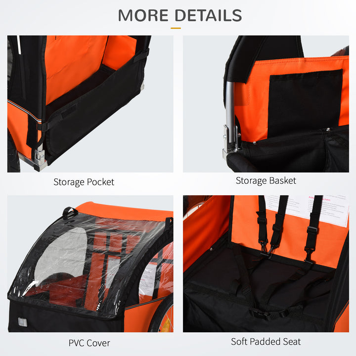 HOMCOM 2 Seat Bike Trailer Bicycle wagon for Kids Child Steel Frame Safety Harness Seat Carrier Orange Black 130 x 76 x 88 cm