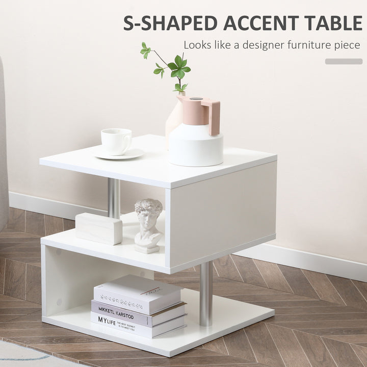 Wooden S Shape Cube Coffee Table 2 Tier Storage Shelves Organiser Office Bookcase Living Room End Desk Stand Display Set of 2 (White)