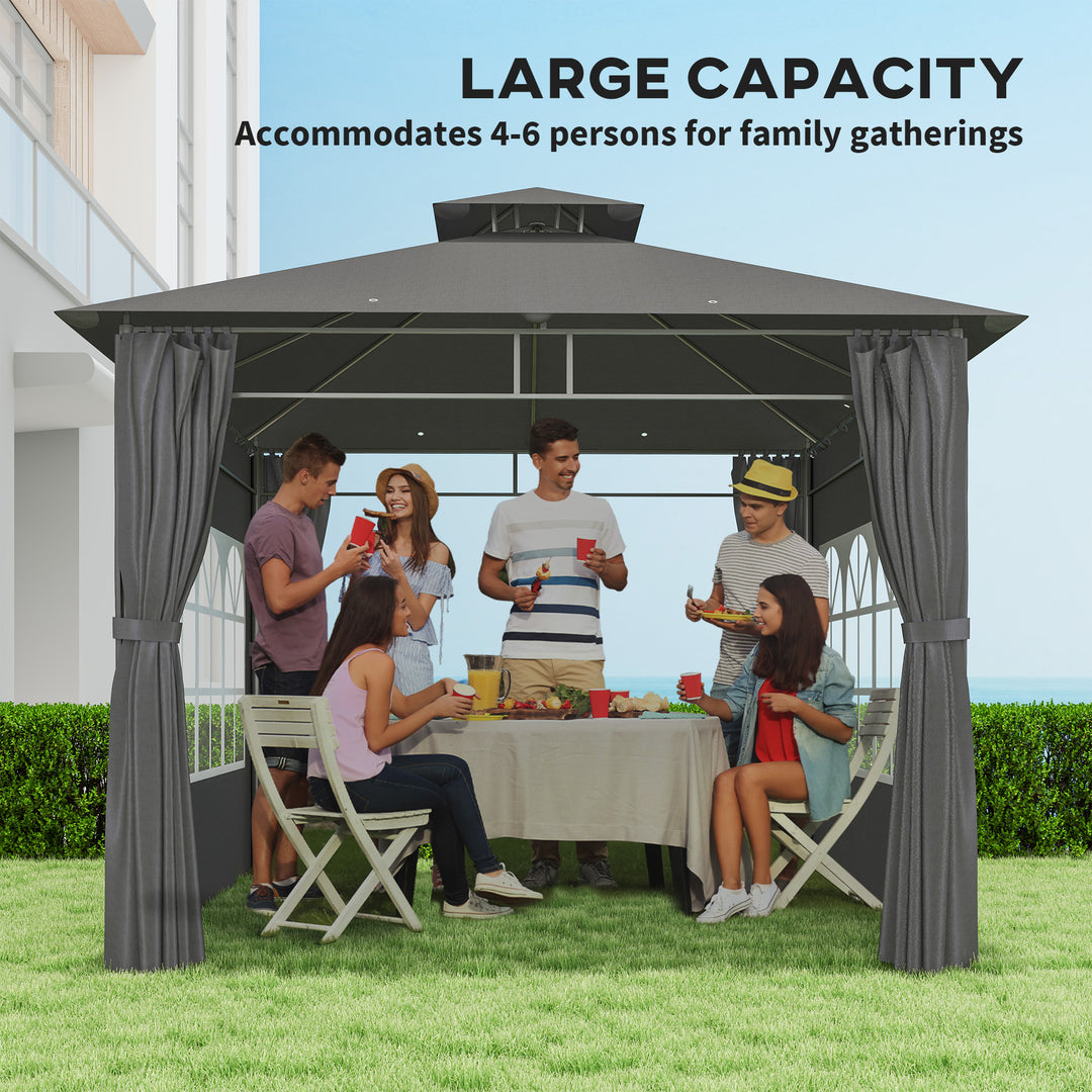 3 x 3 m Garden Gazebo, Double Roof Metal Gazebo with Removable Sidewalls and Church Windows, Outdoor Canopy Shelter, Dark Grey