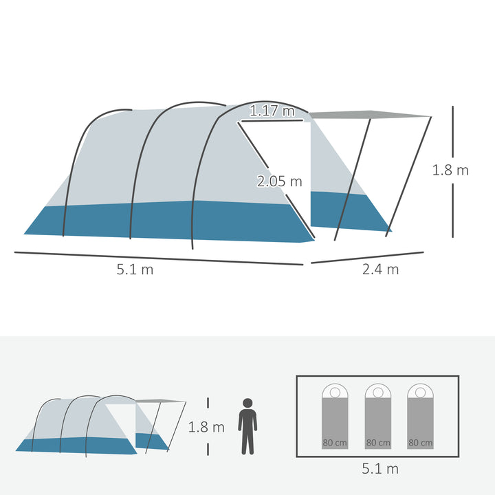 6-8 Person Tunnel Tent, Camping Tent with Bedroom, Living Room, Sewn-in Floor, 3 Doors and Carry Bag, 2000mm Water Column for Fishing, Hiking, Sports, and Traveling, Blue