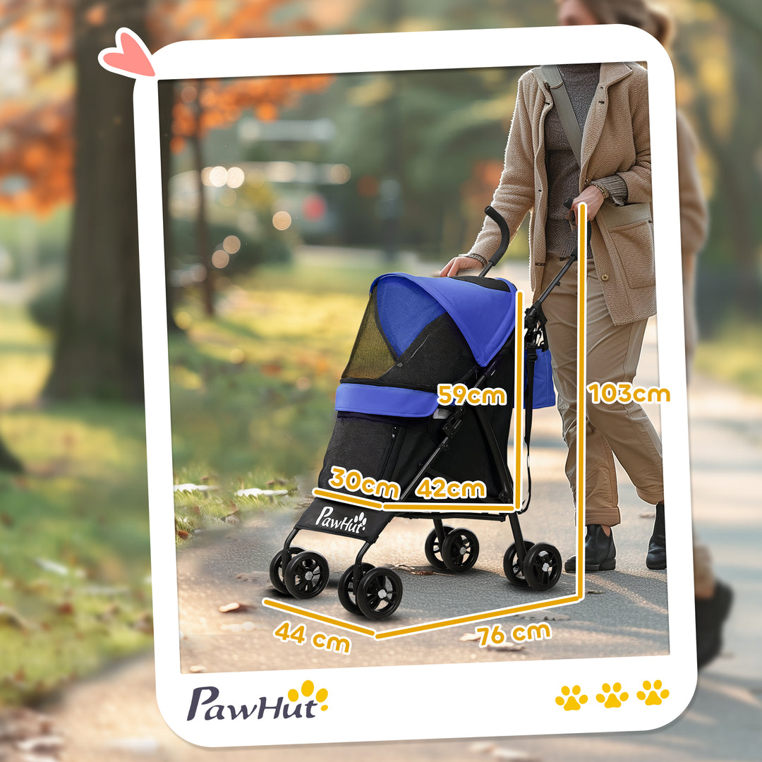Foldable Dog Stroller, Lightweight Dog Pram w/ Shoulder Strap, Storage Bag, Cup Holder, Dark Blue