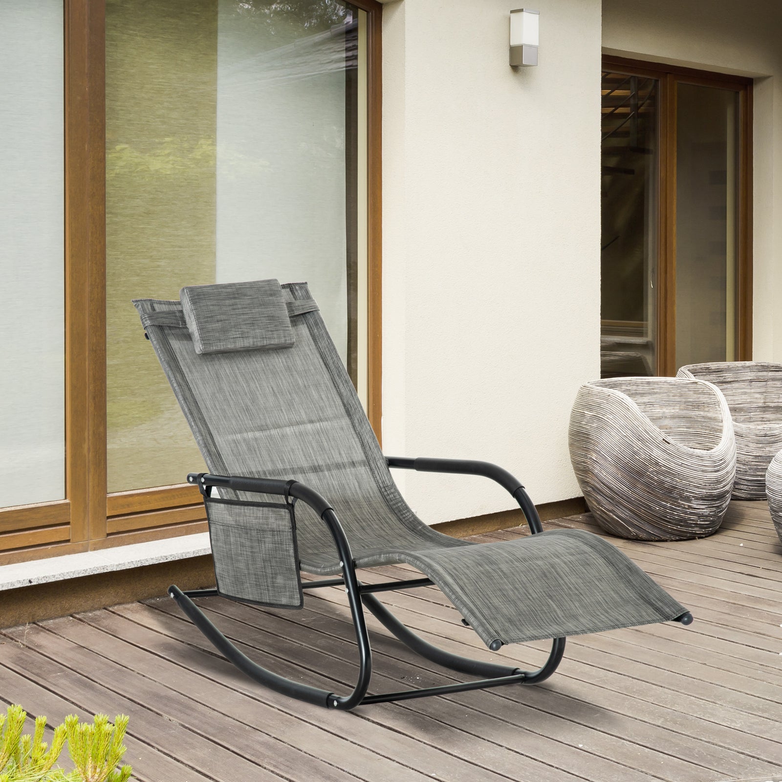 Outdoor Garden Rocking Chair, Patio Sun Lounger Rocker Chair with Breathable Mesh Fabric, Removable Headrest Pillow, Armrest, Side Storage Bag, Dark Grey