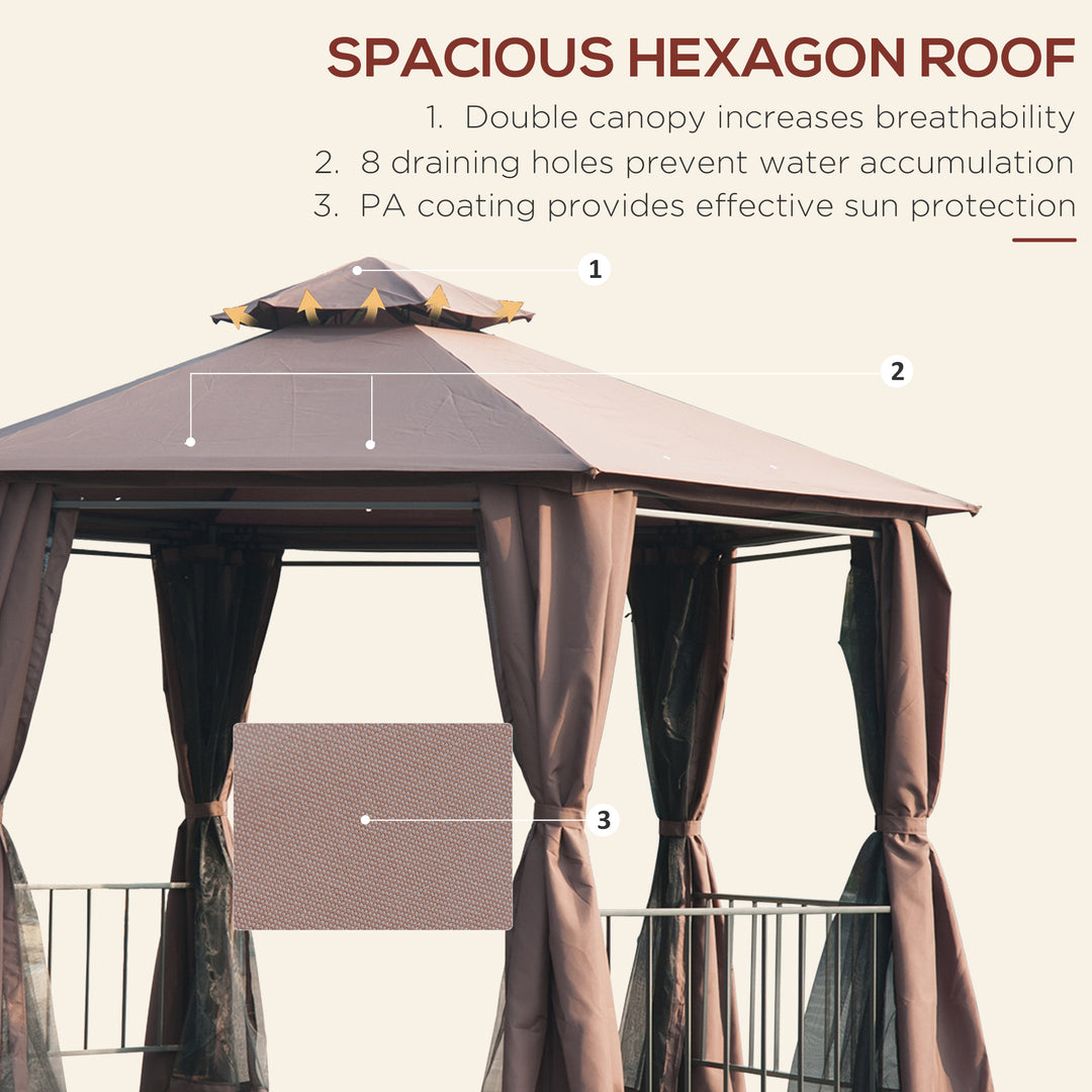 Outsunny Waterproof Hexagon Gazebo Patio Canopy Party Tent Outdoor Garden Shelter w/ 2 Tier Roof & Side Panel - Brown | Aosom UK