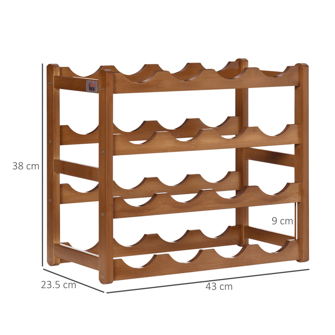 Free Standing Bamboo Wine Rack with 16 Bottles Holder, 4-tier Water Bottle Organiser, Display Shelf for Countertop, Home Bar, Brown