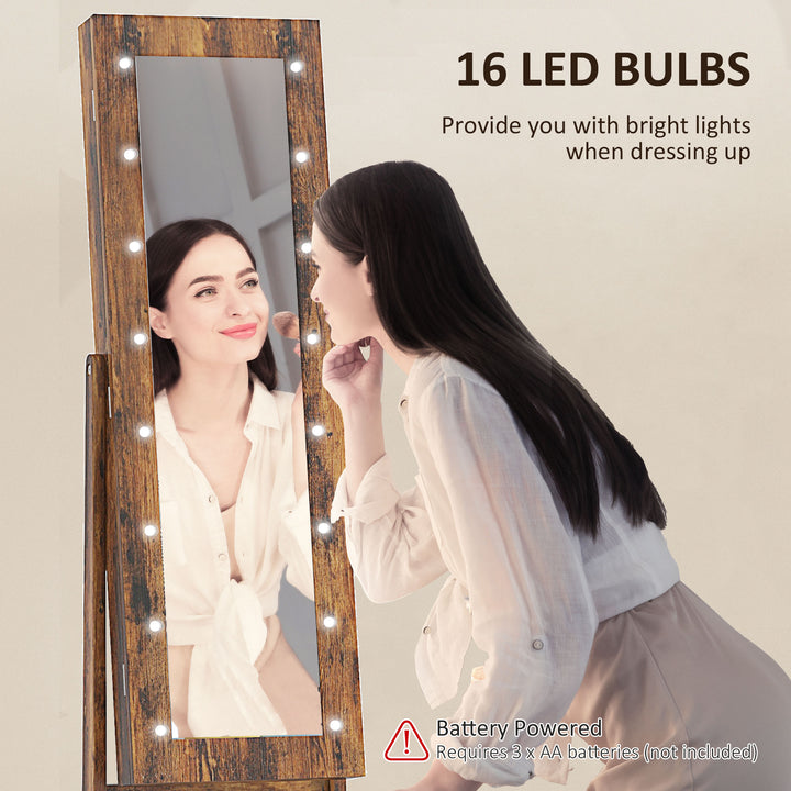 Freestanding Mirror Jewelry Cabinet with LED Lights, Jewellery Organiser with 3 Angle Adjustable, Full-Length Mirror with Storage for Earrings, Necklaces, Rings and Lipsticks, Rustic Brown